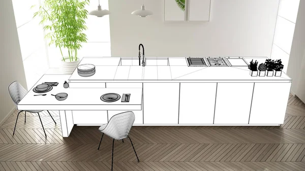 Projet de projet, esquisse de cuisine moderne minimaliste avec îlot et lampes, idée de concept de design d'intérieur, appartement moderne avec parquet, idée de mobilier, vue sur le dessus — Photo