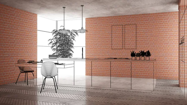 Ev yenileme, ev geliştirme kavramı arka plan, iç tasarım altında inşaat, özel mimari tasarım projesi, siyah mürekkep kroki, minimalist mutfak gösterilen blueprint