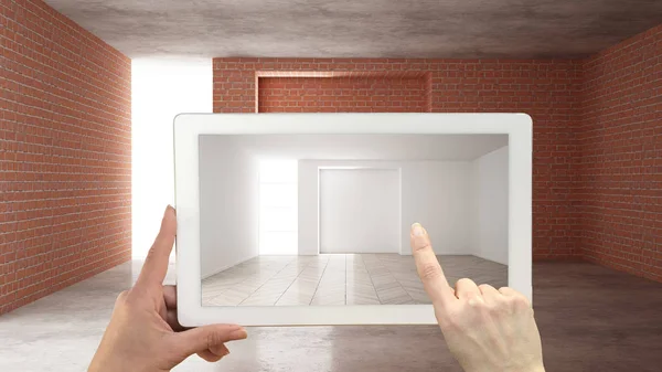 Augmented reality concept. Hand holding tablet with AR application used to simulate furniture and design products in an interior construction site, empty interior with parquet floor — Stock Photo, Image