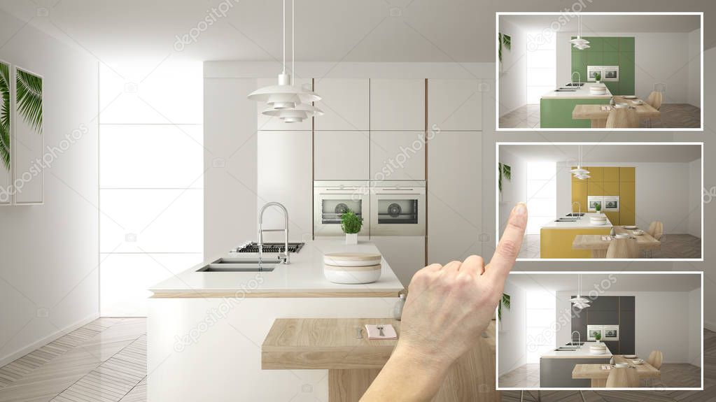 Architect designer concept, hand showing modern wooden kitchen colors in different options, interior design project draft, color picker, material sample