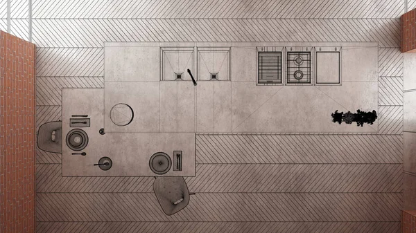 Rénovation domiciliaire, arrière-plan du concept de développement de la maison, design d'intérieur en construction, projet de design personnalisé, croquis à l'encre noire, plan montrant la cuisine minimaliste, vue de dessus — Photo