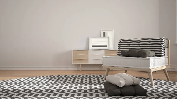 Büyük yuvarlak halı ve yastık, modern iç tasarım ile kanepe ile İskandinav minimalist oturma odası. Kopya alanı ile mimar tasarımcı kavram fikri — Stok fotoğraf