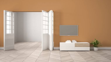 Beyaz mobilya ve tv ile modern turuncu oturma odası, açık kapılı boş duvar arka planı, herrigbone parke, fotokopi alanı ile şablon arka plan, iç tasarım konsept fikri