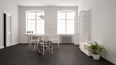 İskandinav beyaz ve gri yemek odası, ahşap ringa kemiği parke zemin, masa ve sandalyeler, pencereler, kapı ve radyatörler. Kolye lambaları. Modern mobilya iç tasarım konsept fikri