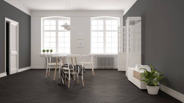 İskandinav beyaz ve gri yemek odası, ahşap ringa kemiği parke zemin, masa ve sandalyeler, pencereler, kapı ve radyatörler. Kolye lambaları. Modern mobilya iç tasarım konsept fikri