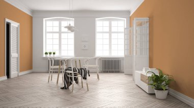 İskandinav beyaz ve turuncu yemek odası, ahşap ringa kemiği parke zemin, masa ve sandalyeler, pencereler, kapı ve radyatörler. Kolye lambaları. Modern mobilya iç tasarım konsept fikri