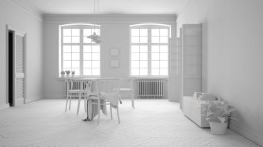 İskandinav beyaz ve mor yemek odası, ahşap ringa kemiği parke zemin, masa ve sandalyeler, pencereler toplam beyaz proje. Modern mobilya iç tasarım konsept fikri