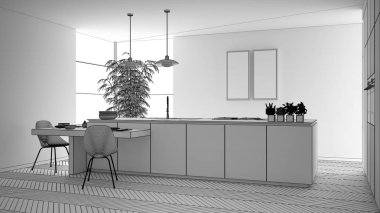 Modern temiz çağdaş mutfak bitmemiş proje, sandalye, bambu ve saksı bitkileri, pencere ve parke zemin, iç tasarım konsept fikri ile ahşap yemek masası