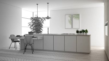 Mimar iç tasarımcı kavramı: gerçek olur bitmemiş proje, modern çağdaş mutfak, sandalye ile ada ve yemek masası, parke zemin, iç tasarım kavramı fikir