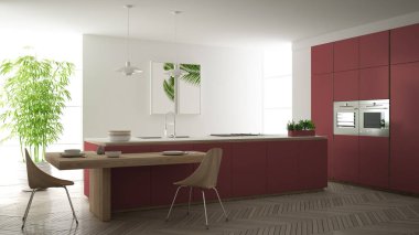 Modern temiz çağdaş gri mutfak, sandalye, bambu ve saksı bitkileri, büyük pencere ve ringa kemiği parke zemin, minimalist iç tasarım ile ahşap yemek masası