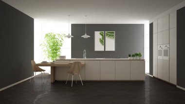 Modern temiz çağdaş beyaz mutfak, sandalye, bambu ve saksı bitkileri, büyük pencere ve ringa kemiği parke zemin, minimalist iç tasarım ile ahşap yemek masası