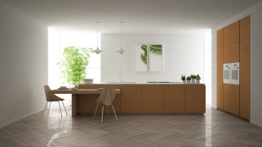 Modern temiz çağdaş turuncu mutfak, sandalye, bambu ve saksı bitkileri, büyük pencere ve ringa kemiği parke zemin, minimalist iç tasarım ile ahşap yemek masası