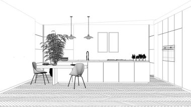 Blueprint proje taslak, modern temiz çağdaş mutfak, sandalye, bambu ve saksı bitkileri, pencere ve parke zemin, iç tasarım konsept fikri ile ada ve ahşap yemek masası