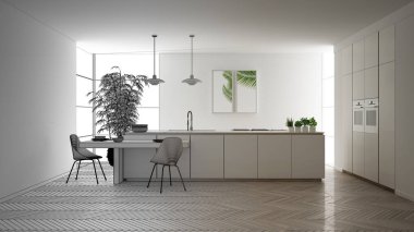 Mimar iç tasarımcı kavramı: gerçek olur bitmemiş proje, modern çağdaş mutfak, sandalye ile ada ve yemek masası, parke, iç tasarım konsepti, üst görünümü