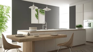 Modern temiz çağdaş beyaz mutfak, sandalye, bambu ve saksı bitkileri, büyük pencere ve ringa kemiği parke zemin, minimalist iç tasarım ile ahşap yemek masası