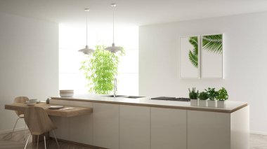 Modern temiz çağdaş beyaz mutfak, sandalye, bambu ve saksı bitkileri, büyük pencere ve ringa kemiği parke zemin, minimalist iç tasarım ile ahşap yemek masası