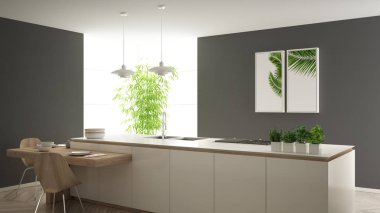 Modern temiz çağdaş beyaz mutfak, sandalye, bambu ve saksı bitkileri, büyük pencere ve ringa kemiği parke zemin, minimalist iç tasarım ile ahşap yemek masası