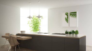 Modern temiz çağdaş gri mutfak, sandalye, bambu ve saksı bitkileri, büyük pencere ve ringa kemiği parke zemin, minimalist iç tasarım ile ahşap yemek masası