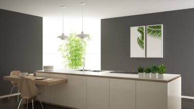 Modern temiz çağdaş beyaz mutfak, sandalye, bambu ve saksı bitkileri, büyük pencere ve ringa kemiği parke zemin, minimalist iç tasarım ile ahşap yemek masası