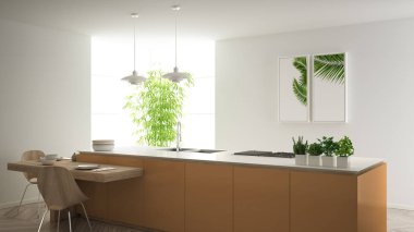 Modern temiz çağdaş turuncu mutfak, sandalye, bambu ve saksı bitkileri, büyük pencere ve ringa kemiği parke zemin, minimalist iç tasarım ile ahşap yemek masası