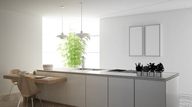 Mimar iç tasarımcı kavramı: gerçek olur bitmemiş proje, modern çağdaş mutfak, sandalye ile ada ve yemek masası, parke zemin, iç tasarım kavramı fikir