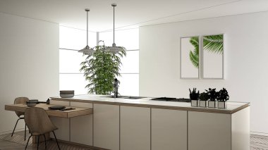 Blueprint taslak taslak, tasarım konsepti, mimar tasarımcı projesi, modern temiz çağdaş mutfak, sandalye ile ada ve yemek masası, parke zemin, iç tasarım konsept fikri