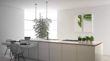 Mimar iç tasarımcı kavramı: gerçek olur bitmemiş proje, modern çağdaş mutfak, sandalye ile ada ve yemek masası, parke zemin, iç tasarım kavramı fikir