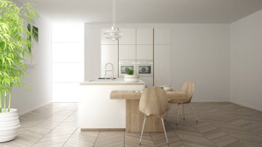 Modern temiz çağdaş beyaz mutfak, sandalye, bambu ve saksı bitkileri, büyük pencere ve ringa kemiği parke zemin, minimalist iç tasarım ile ahşap yemek masası