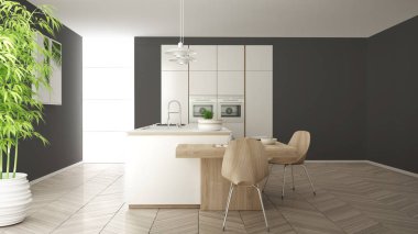 Modern temiz çağdaş beyaz mutfak, sandalye, bambu ve saksı bitkileri, büyük pencere ve ringa kemiği parke zemin, minimalist iç tasarım ile ahşap yemek masası