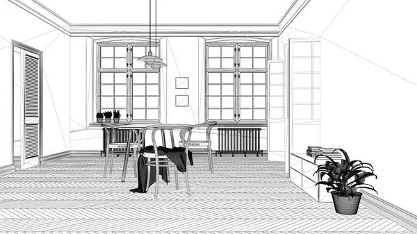 청사진 프로젝트 초안, 스칸디나비아 흰색과 보라색 식당, 나무 헤링본 마루 바닥, 테이블과 의자, 현대적인 인테리어 디자인 건축 개념 아이디어 — 스톡 사진