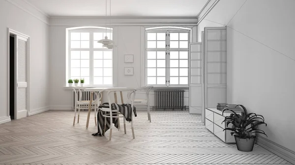 Architecte concept d'architecte d'intérieur : projet inachevé qui devient réel, scandinave salle à manger blanche et violette, table et chaises, idée de concept de design d'intérieur moderne — Photo