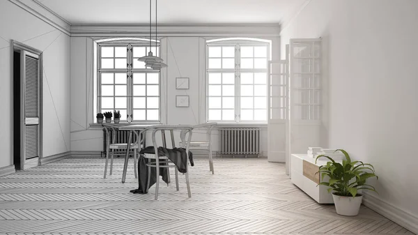Arquitecto concepto de interiorista: proyecto inacabado que se convierte en real, escandinavo comedor blanco y púrpura, mesa y sillas, idea concepto de diseño de interiores moderno — Foto de Stock