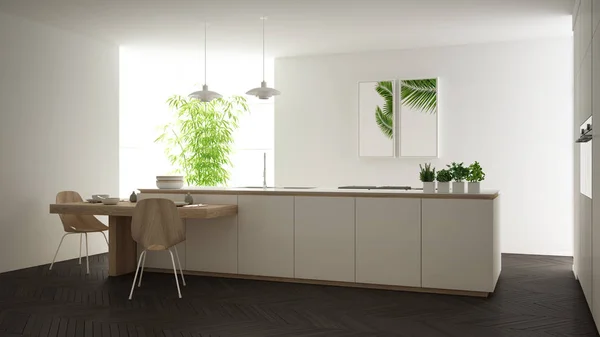 Moderní čistá současná bílá kuchyně, ostrovní a dřevěná jídelna s křesly, bambusovými a květináči, velkými okénky a parketovou podlahou, minimalistickým designem interiéru — Stock fotografie