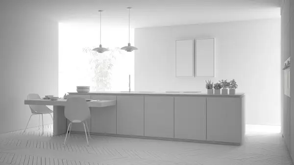 Total proyek putih modern bersih kontemporer dapur, pulau dan meja makan kayu dengan kursi, bambu dan pot tanaman, jendela besar dan lantai parket, desain interior minimalis — Stok Foto
