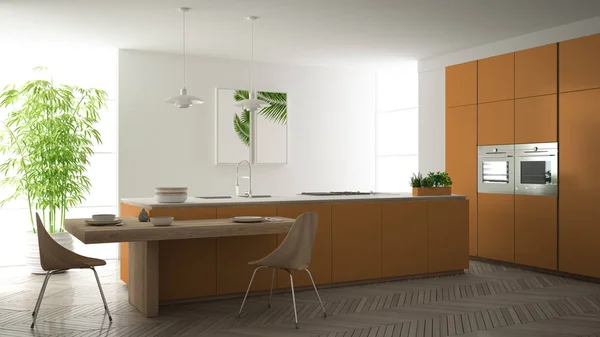 Moderní čistá současná oranžová kuchyně, ostrovní a dřevěná jídelna s křesly, bambusovými a květináči, velkými okénky a parketovou podlahou, minimalistickým designem interiéru — Stock fotografie