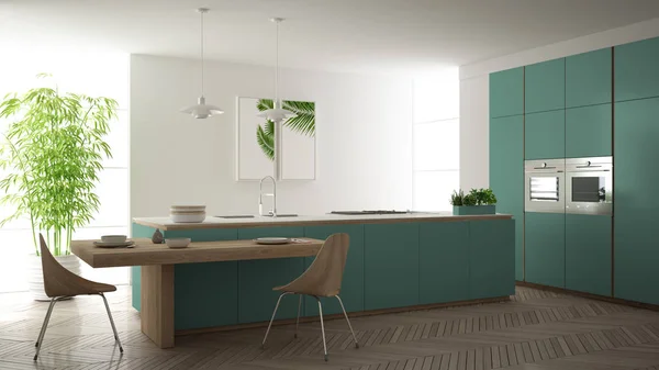 Moderne schone hedendaagse Turquoise keuken, eiland en houten eettafel met stoelen, bamboe en potplanten, groot raam en visgraat parketvloer, minimalistisch interieur design — Stockfoto