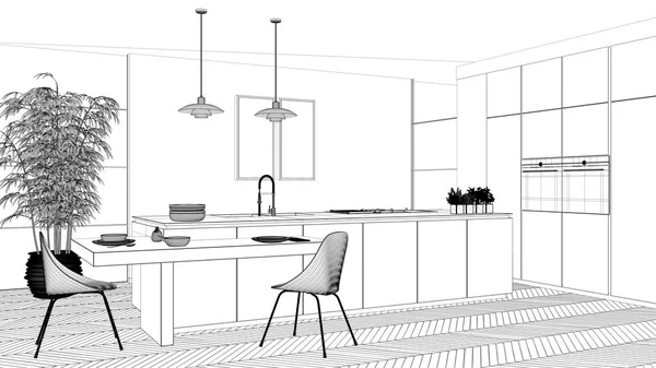 Blueprint proje taslak, modern temiz çağdaş mutfak, sandalye, bambu ve saksı bitkileri, pencere ve parke zemin, iç tasarım konsept fikri ile ada ve ahşap yemek masası