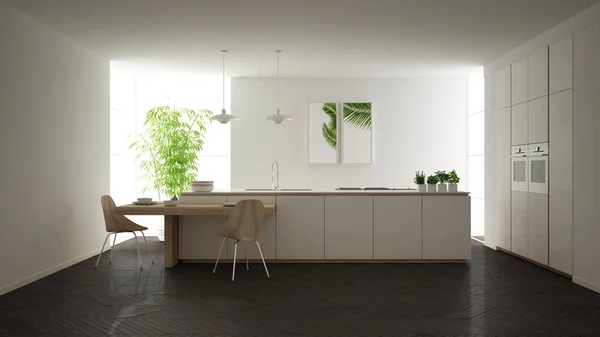Modern bersih kontemporer putih dapur, pulau dan meja makan kayu dengan kursi, bambu dan tanaman pot, jendela besar dan herringbone lantai parket, desain interior minimalis — Stok Foto