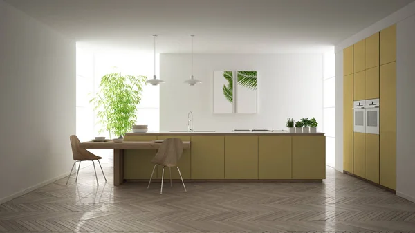 Moderna cocina amarilla contemporánea limpia, isla y mesa de comedor de madera con sillas, bambú y plantas en maceta, ventana grande y suelo de parquet de espiga, diseño interior minimalista —  Fotos de Stock