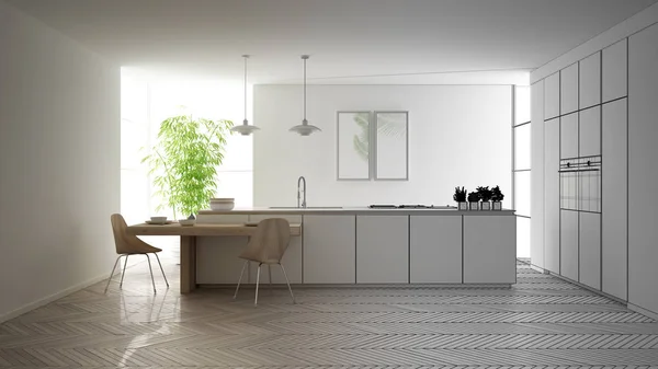 Architetto concetto di interior designer: progetto incompiuto che diventa reale, moderna cucina contemporanea, isola e tavolo da pranzo con sedie, parquet, concetto di interior design, vista dall'alto — Foto Stock