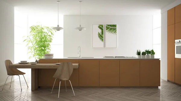 Moderne schone hedendaagse oranje keuken, eiland en houten eettafel met stoelen, bamboe en potplanten, groot raam en visgraat parketvloer, minimalistisch interieur design — Stockfoto