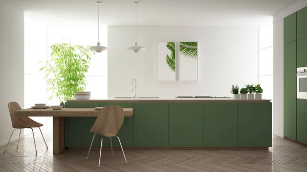 Modern clean contemporary green kitchen, island and wooden dining table with chairs, bamboo and potted plants, big window and herringbone parquet floor, minimalist interior design