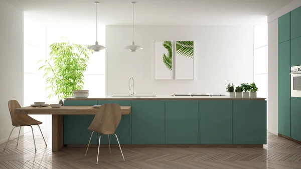 Moderne schone hedendaagse Turquoise keuken, eiland en houten eettafel met stoelen, bamboe en potplanten, groot raam en visgraat parketvloer, minimalistisch interieur design — Stockfoto