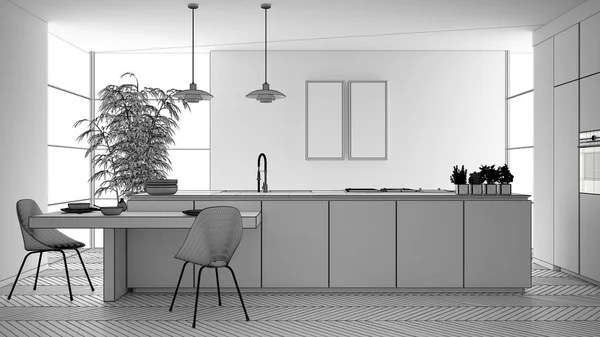 Nedokončený projekt moderní čisté moderní kuchyně, ostrovní a dřevěný Jídelní stolek s křesly, bambusovými a květináči, okenové a parketové podlahy, koncepce designu interiéru — Stock fotografie