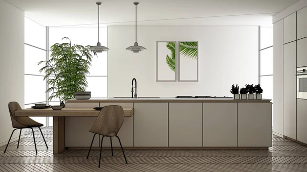 Blueprint taslak taslak, tasarım konsepti, mimar tasarımcı projesi, modern temiz çağdaş mutfak, sandalye ile ada ve yemek masası, parke zemin, iç tasarım konsept fikri