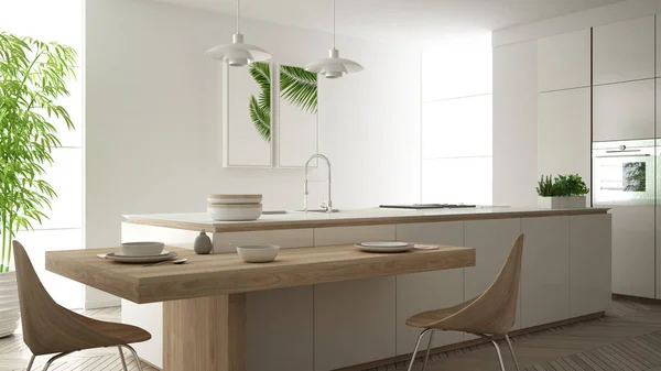 Modern tiszta kortárs fehér konyha, sziget és fa étkező asztal székekkel, bambusz és cserepes növények, nagy ablak és halszálkás parketta, minimalista belsőépítészet — Stock Fotó