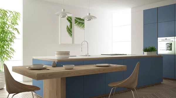 Modern bersih biru kontemporer dapur, pulau dan meja makan kayu dengan kursi, bambu dan tanaman pot, jendela besar dan lantai parket herringbone, desain interior minimalis — Stok Foto