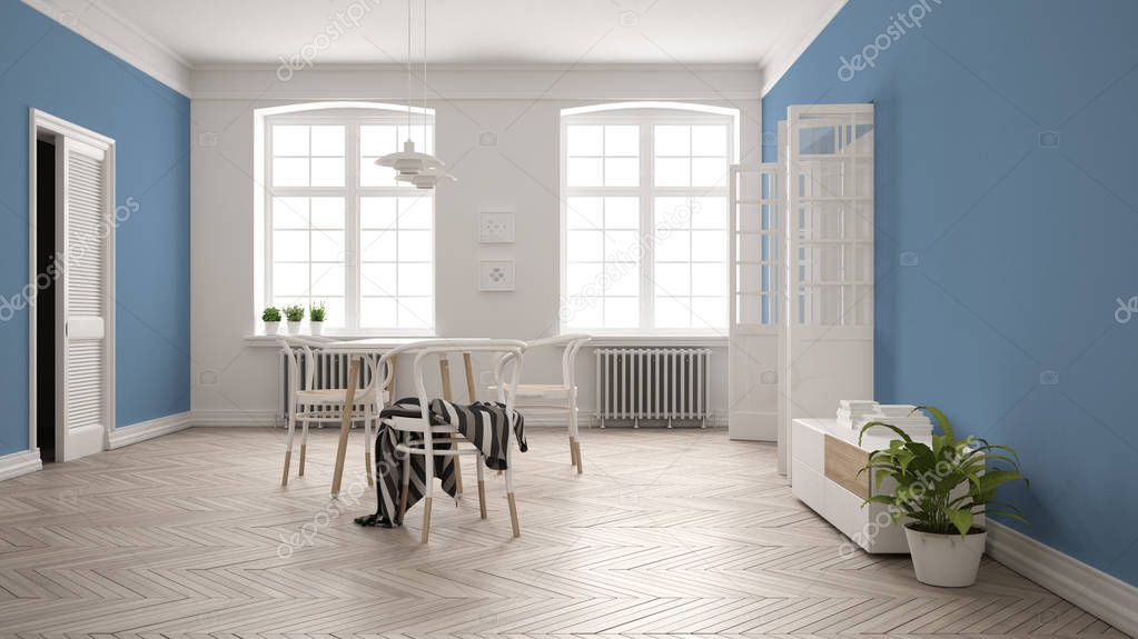 Scandinavian white and blue dining room, wooden herringbone parquet floor, table and chairs, windows, door and radiators. Pendant lamps. Modern furniture interior design concept idea