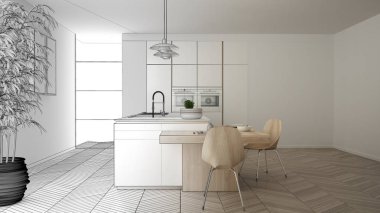 Mimar iç tasarımcı kavramı: gerçek olur bitmemiş proje, modern çağdaş mutfak, sandalye ile ada ve yemek masası, parke zemin, iç tasarım kavramı fikir