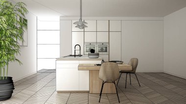 Blueprint taslak taslak, tasarım konsepti, mimar tasarımcı projesi, modern temiz çağdaş mutfak, sandalye ile ada ve yemek masası, parke zemin, iç tasarım konsept fikri